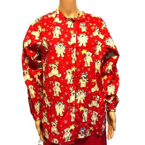 Vintage 90s Red Nose Rain Deer Print Holiday Nurse Scrub Women Button Up shirt M